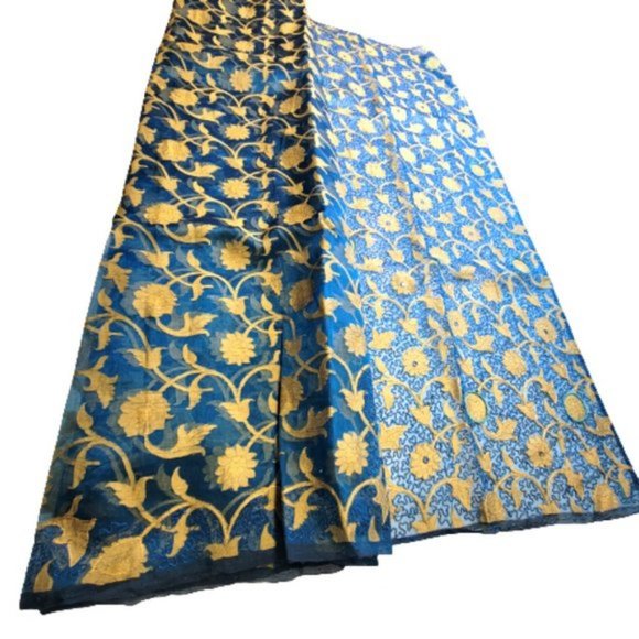 Blue and Gold Saree PRE-PLEATED with Sequin Mirror Accents- NEW ! - Picture 8 of 13